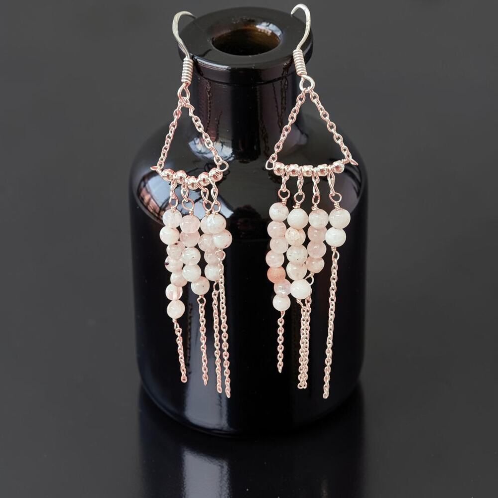 Long Beaded Rainbow Moonstone Dangle Earrings Sterling Silver Plated